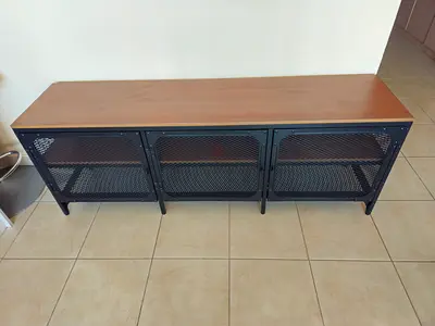 Industrial Style TV Console / Storage Bench with Metal Mesh Doors