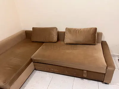 L-shaped brown fabricg corner sofa (2-seater with chaise) - good condition