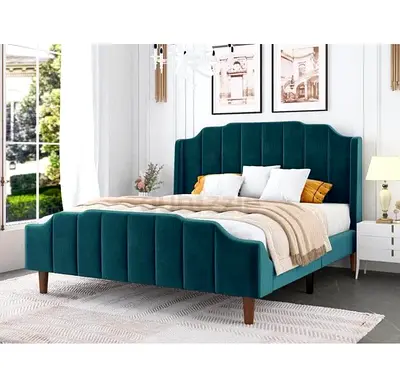 Teal Velvet Queen Bed Frame with Channel-Tufted Headboard