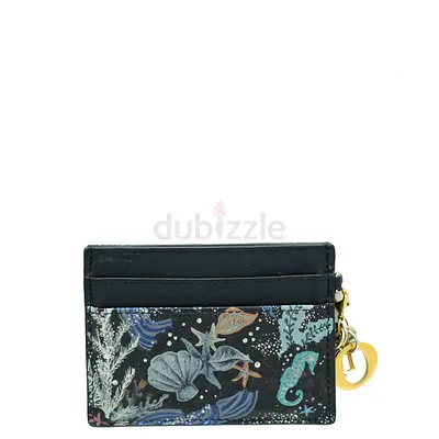 Authentic Christian Dior Indigo Black Multicolor Printed Nature Ballet Lady Dior Card Holder