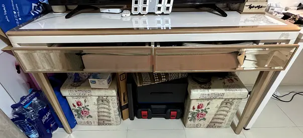 White glossy console table with mirrored drawers — good condition