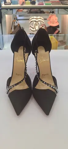 Black Pointed-Toe Womens High Heels with Crystal Strap (Like New)