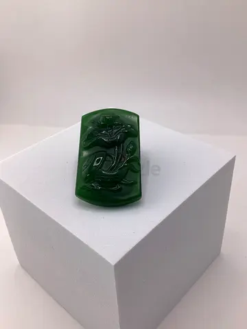 Carved Green Jade Floral Pendant - Rectangular Amulet