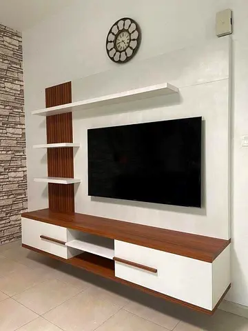 Modern Wall-Mounted Entertainment Unit with Shelves - White  Wood Finish