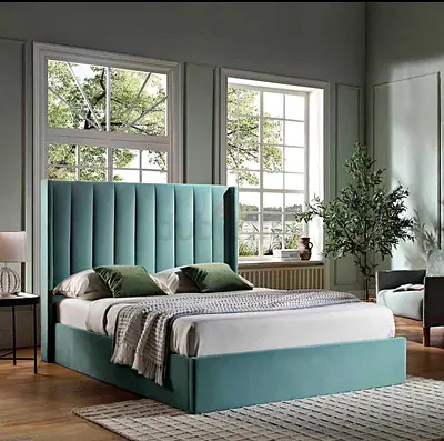 Upholstered King Bed Frame with Tall Channel Tufted Headboard - Teal