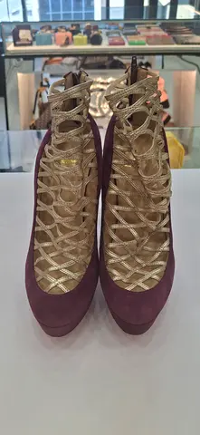 Maroon Suede Lace-Up Flat Shoes with Gold Crisscross Detailing - Size Unknown
