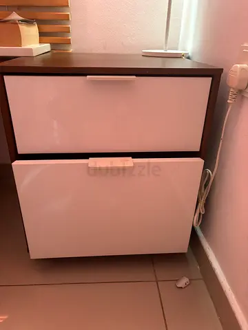 Compact 2-Drawer Nightstand / Small Cabinet - White Fronts, Dark Frame