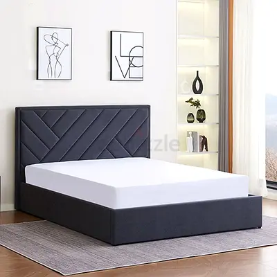 Grey Upholstered king bed with Geometric Headboard