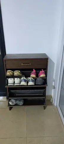 Compact Wooden Shoe Rack with Flip-Down Drawers — Dark Brown, Good Condition