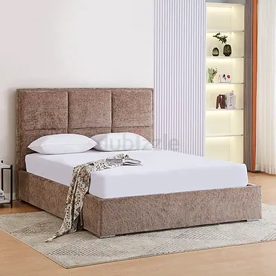 Upholstered Double Bed Frame with Padded Headboard - Beige