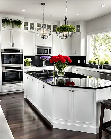Modern White Kitchen Island with Black Granite Top - Fully Fitted Cabinets