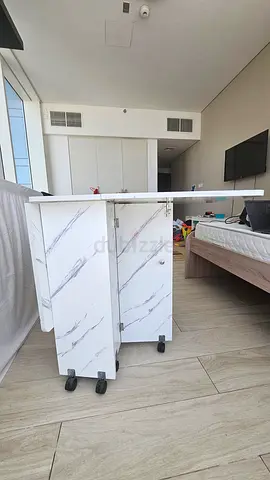 White Marble-Effect Rolling Kitchen Island / Cart with Foldable Top