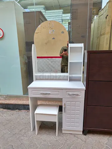 White Dressing Table with Mirror, Shelves and Stool