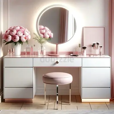 White and Blush Vanity Dressing Table with Lighted Round Mirror and Stool