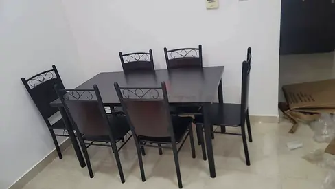 Wooden 6-Seater Dining Table with Metal Frame Chairs