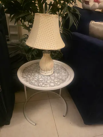 Bedside Table with Fabric Lamp - White Round Side Table and Beige Lamp