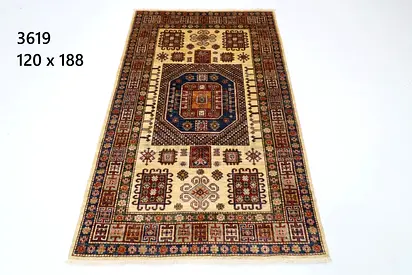 1.2 x 1.9m 4*6 ft Handmade afghan Kazak-style Wool Rug 120x188 cm — Beige with Geometric Medallion