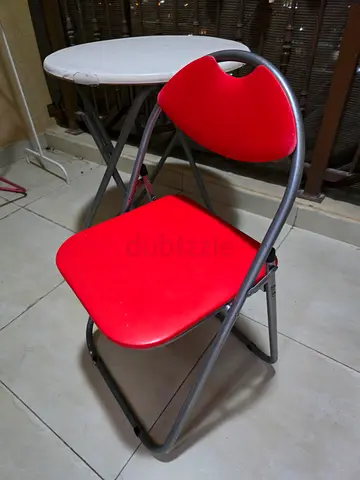 Set of 2 Folding Tables and Red Folding Chair with Metal Frame - Good Condition