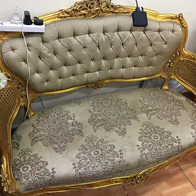 Antique-Style Gold Accent Armchair with Damask Upholstery