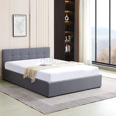 Grey Upholstered Double Bed Frame with Headboard - Good Condition