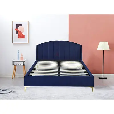 Navy Velvet King Bed Frame with Tufted Headboard and Gold Legs -
