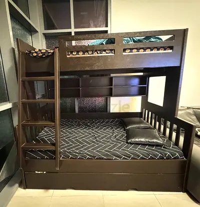 Dark Wood Bunk Bed with Storage and Trundle - good condition