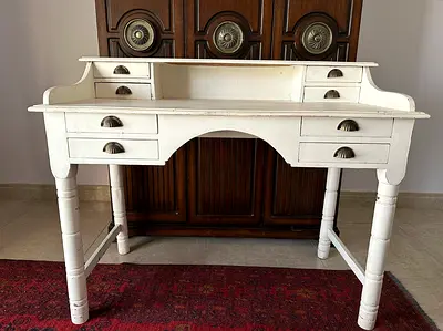 White Vintage Writing Desk with Multiple Drawers - Solid Wood