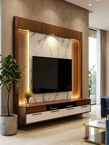 Media Wall ،Modern Walnut TV Entertainment Unit with Marble Backpanel,