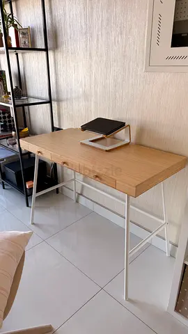 Light Wood Writing Desk with Drawers and White Metal Legs IKEA
