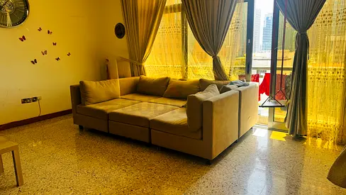 Beige L-shaped Fabric Sofa — Good Condition, Spacious Corner Couch