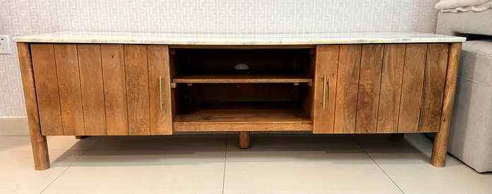 Solid Wood TV Cabinet with Marble Top — 2-Door, Center Shelf