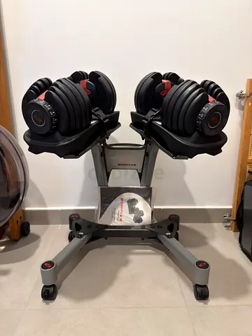 Pair of Bowflex SelectTech Adjustable Dumbbells (Up to 52.5 lbs / 24 kg) with stand and wheels
