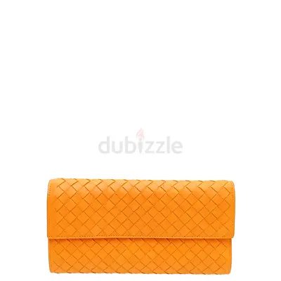 Authentic Bottega Veneta Brownish Orange Intrecciato Flap Long Wallet