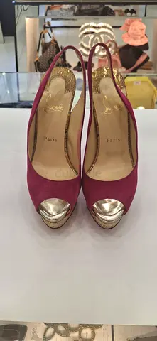 Womens Burgundy Slingback Peep-Toe Heels with Gold Toe Cap
