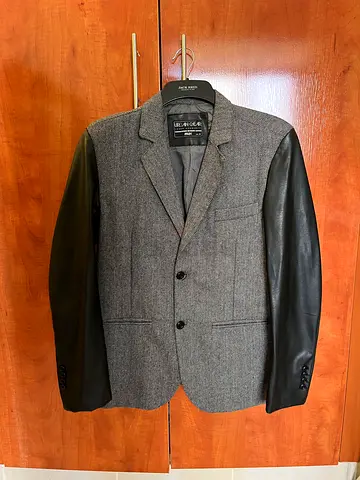 Gray synthetic wool blend blazer with black faux leather sleeves - excellent condition