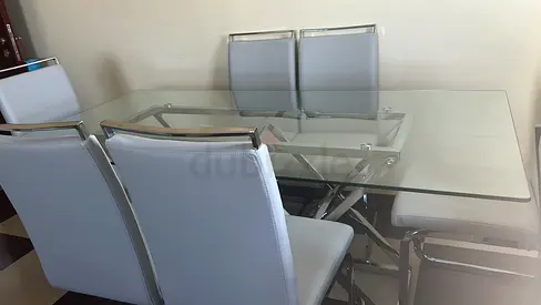 Glass Top Dining Table with 4 White Faux Leather Chairs - Modern Chrome Frame