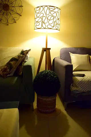 Wooden Tripod Floor Lamp with Patterned Shade - Warm Light, Good Condition