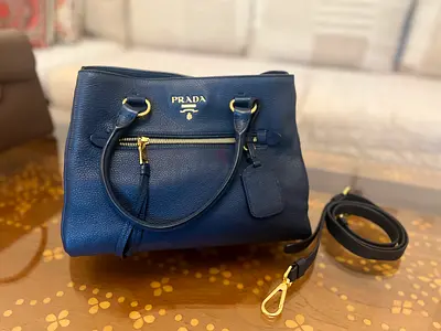 Prada Navy Grain Leather Top-Handle Bag with Detachable Strap