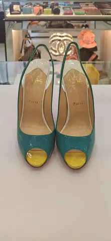 Womens teal patent leather peep-toe heels - size unavailable, gently used