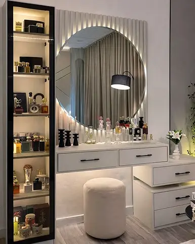 White Vanity Dressing Table with LED Mirror and Glass Display Cabinet