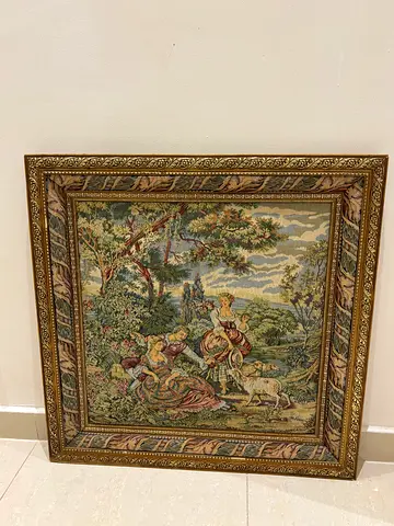 Framed Vintage Tapestry Wall Hanging — Pastoral Scene