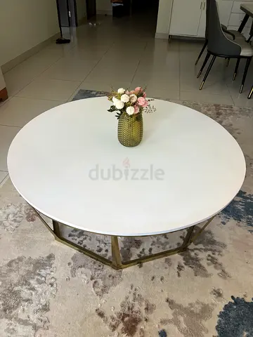 Round White Marble-look Coffee Table with Gold Metal Base