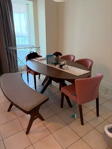 Dining table set with 4 mid-century style chairs — solid wood legs, good condition