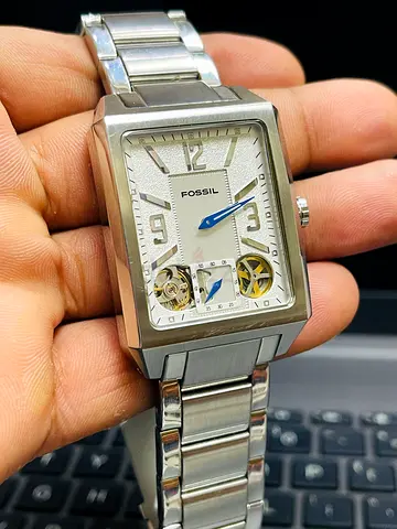 Fossil Rectangular Stainless Steel Automatic Watch - Silver Bracelet