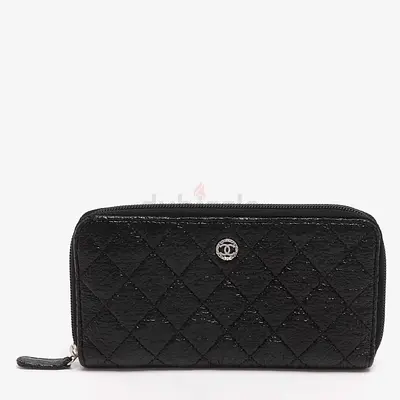 Authentic Chanel CC Black Quilted Coated Tweed Zip Around Wallet