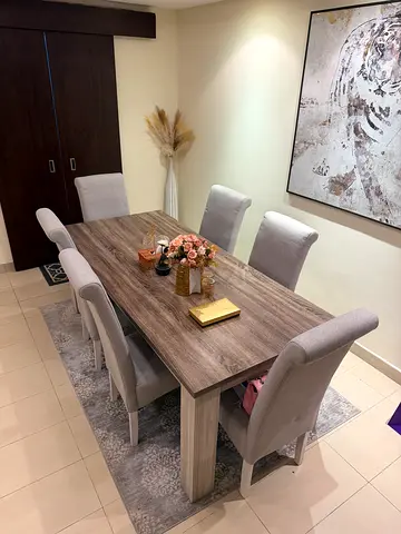 Wooden Dining Table with 6 Upholstered Chairs - Good Condition