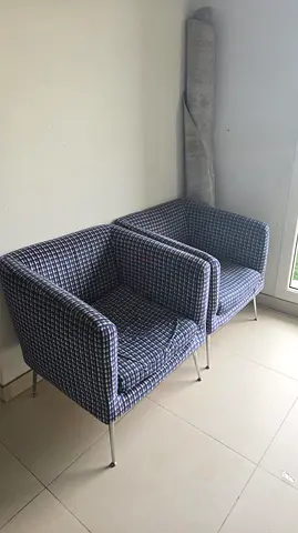 Pair of Modern Fabric Accent Armchairs - Blue Check