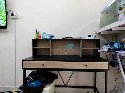 Compact Study Desk with Hutch and Drawers — Black  Oak Finish     negotiable