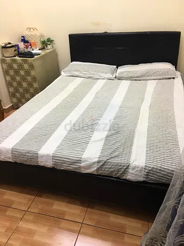 Double bed frame with mattress, simple black faux leather