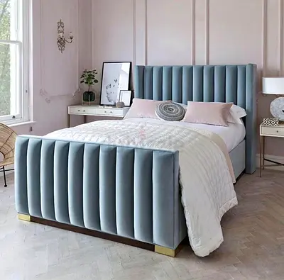 Velvet Upholstered Double Bed with Channel-Tufted Headboard and Footboard